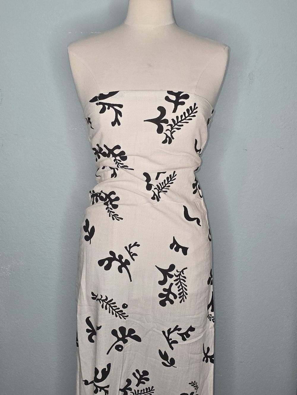 Strapless White Maxi Dress with Black Botanical Motif